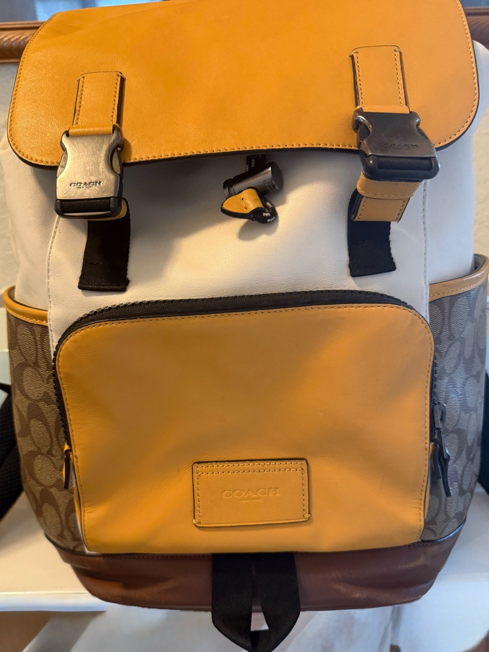 Coach Men’s Yellow, White and Brown Signature Backpack